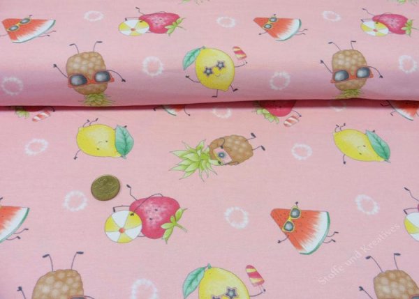 Refresh Fruits Jersey in rosa mit verschiedenen Früchten, ein Kinderstoff von Hilco